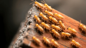 Drywood termite infestation in wooden beam of Texas City home